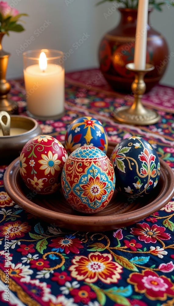 Fototapeta premium Ornate painted Easter eggs displayed on an embroidered textile with candles