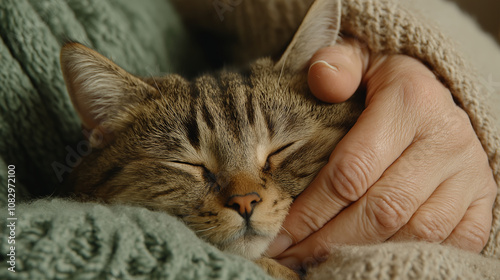 A content tabby cat nestled in cozy blankets, feeling secure and loved in the gentle embrace of its human photo