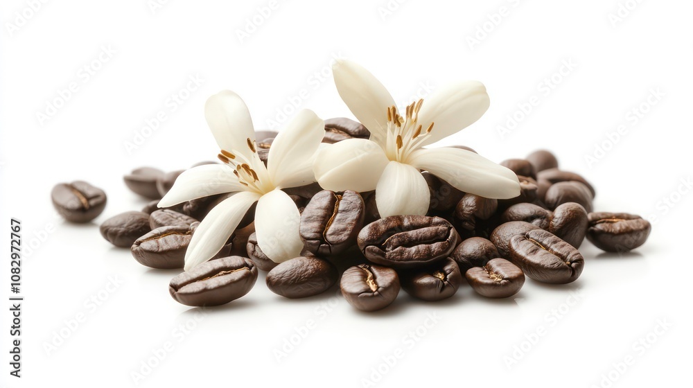 Vanilla flowers and pile of coffee beans isolated on white background. Package design element with clipping path Vanilla flowers and pile of coffee beans isolated on white background. Package design element with clipping path
