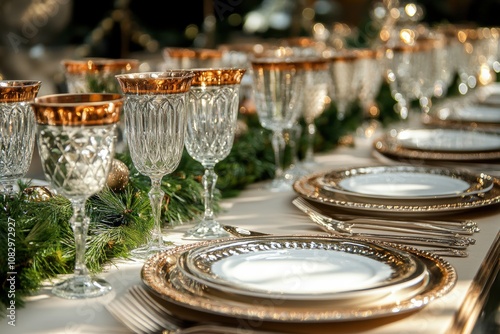 festive table settings, festive table setting adorned with shiny metallic elements and delicate greenery, designed to leave room for a large text banner photo