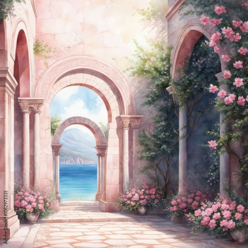 Fantasy watercolor illustration with a man walking into a light portal.
