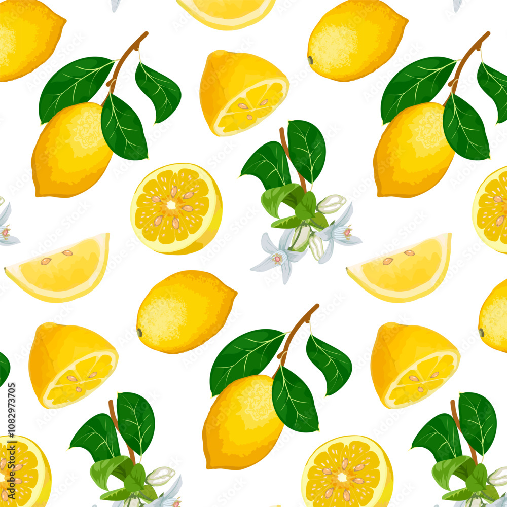 Lemons on a transparent background.Vector seamless pattern with whole and cut lemons on a transparent background.