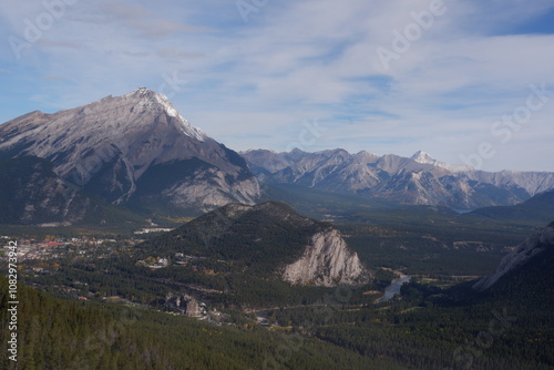 Photo of the Cascade Mountain, Bow Valley, Bow River, Lake Minnewanka, Tunnel Mountain, Mount Rundle and the town of Banff in Banff National Park in Alberta, Canada.