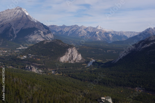 Photo of the Cascade Mountain, Bow Valley, Bow River, Lake Minnewanka, Tunnel Mountain, Mount Rundle and the town of Banff in Banff National Park in Alberta, Canada.