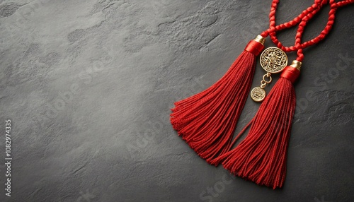 Red tassel adorned with golden charms symbolizing wealth and protection, a vibrant representation of good fortune during Chinese New Year celebrations. photo