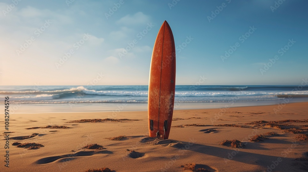 A photo of a surfboard standing on a sandy beach A photo of a surfboard standing on a sandy beach