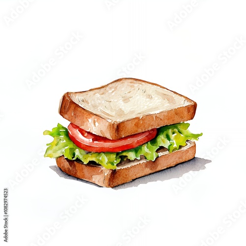 Watercolor illustration of a simple sandwich with tomato and lettuce on white bread.