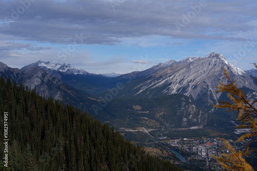 Photo of Cascade Mountain, Bow Valley, Bow River, Tunnel Mountain and town of Banff within Banff National Park in Alberta, Canada.
