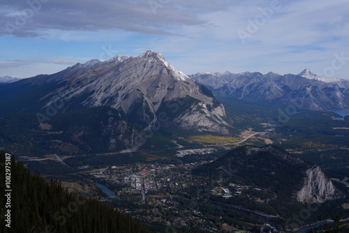 Photo of Cascade Mountain, Bow Valley, Bow River, Tunnel Mountain and town of Banff within Banff National Park in Alberta, Canada.