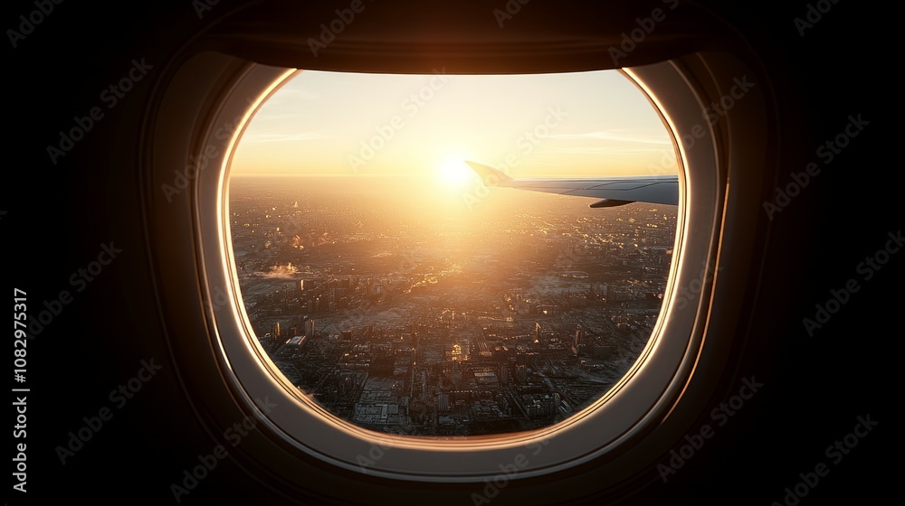 view from outside plane window with wing in view and sprawling city landscape below view from outside plane window with wing in view and sprawling city landscape below