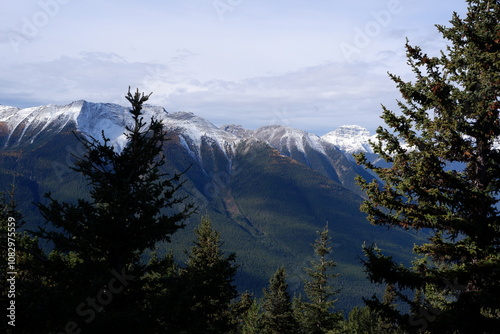 Photo of the Sundance Range with Mount Bourgeau, Mount Brett, Pilot Peak and Mount Temple in Banff National Park in Alberta, Canada.