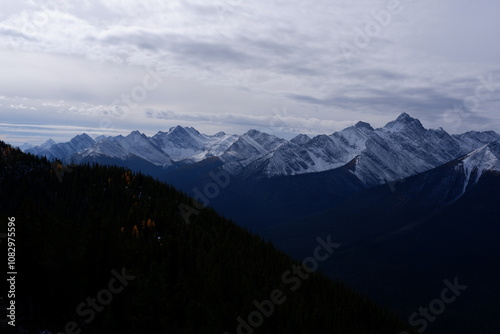 Photo of the Sundance Range with Mount Bourgeau, Mount Brett, Pilot Peak and Mount Temple in Banff National Park in Alberta, Canada.