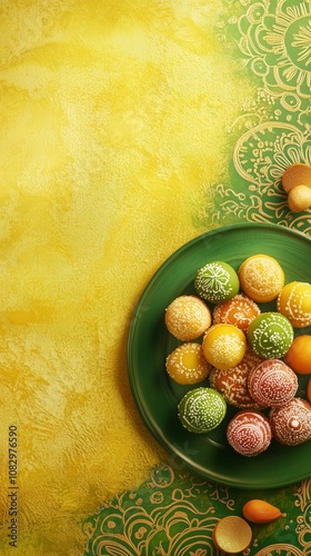 Vertical banner with free space for text, indian sweets in a plate includes gulab jamun, rasgulla, kaju katli, morichoor, bundi laddu, gujiya or karanji for diwali celebration.  photo