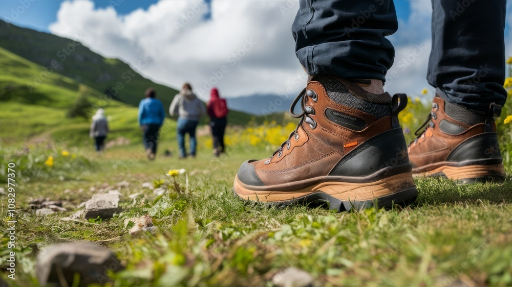 Fototapeta premium Adventure Awaits: A close-up of sturdy hiking boots with a group of hikers in the background, capturing the essence of exploration and the thrill of outdoor adventure. 