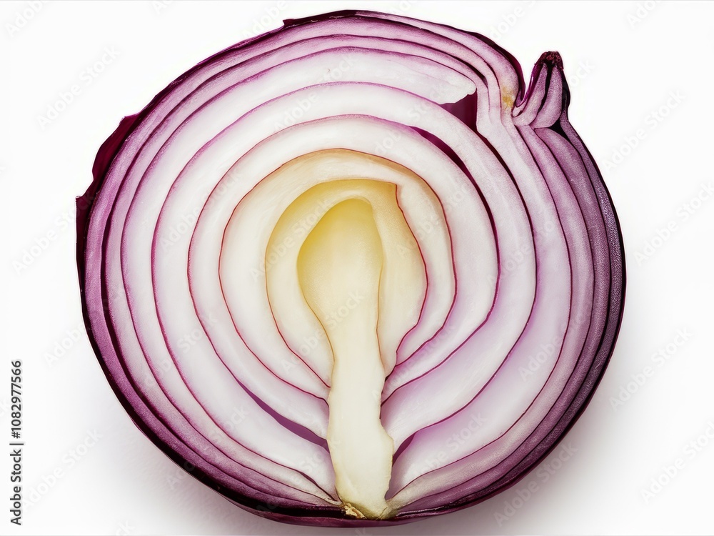 Obraz premium Red Onion Cross Section: A perfectly sliced red onion reveals its intricate layers, showcasing the vibrant purple hues and delicate texture. The image exudes a sense of freshness and natural beauty.