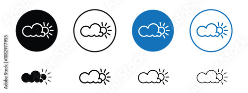 Set of 8 "partially cloudy" icons, 1 unexpanded, 1 silhouette - modern icon showing sun partially cloudy with few clouds representing mild weather conditions ideal for weather apps n websites