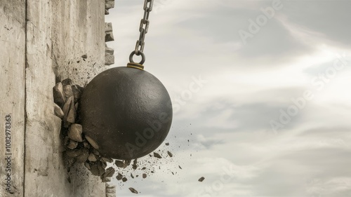 Breaking Through Barriers: A powerful wrecking ball smashes through a concrete wall, symbolizing the force of determination and the overcoming of obstacles.