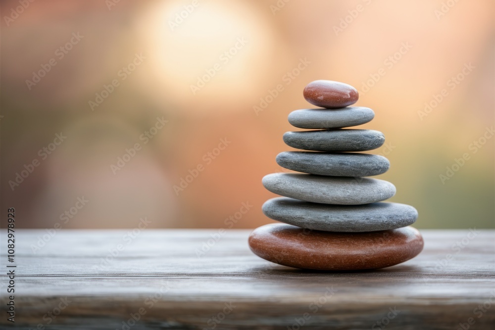 Obraz premium Zen Stone Stack: A serene scene of perfectly balanced stones, with a soft, blurred background of sunset hues. This image evokes tranquility, mindfulness, and the power of focus. 
