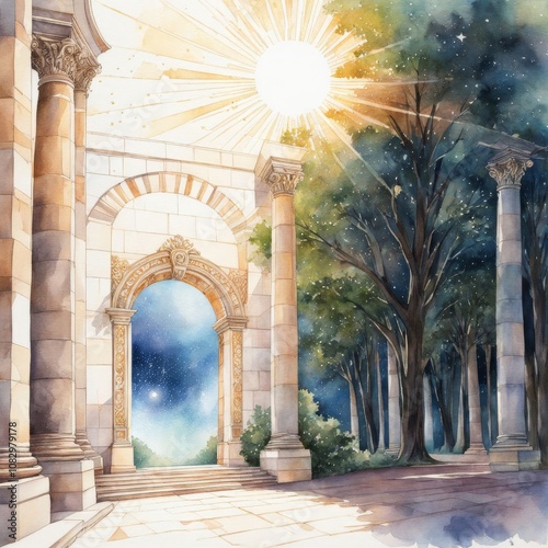 Fantasy watercolor illustration with a man walking into a light portal.