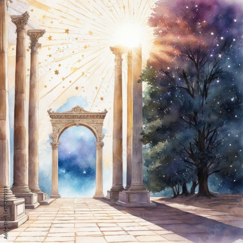 Fantasy watercolor illustration with a man walking into a light portal.