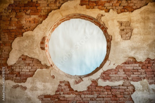 A Glimpse of the Past: A circular opening in a crumbling brick wall reveals a glimpse of the sky, evoking a sense of time, history, and forgotten stories. photo