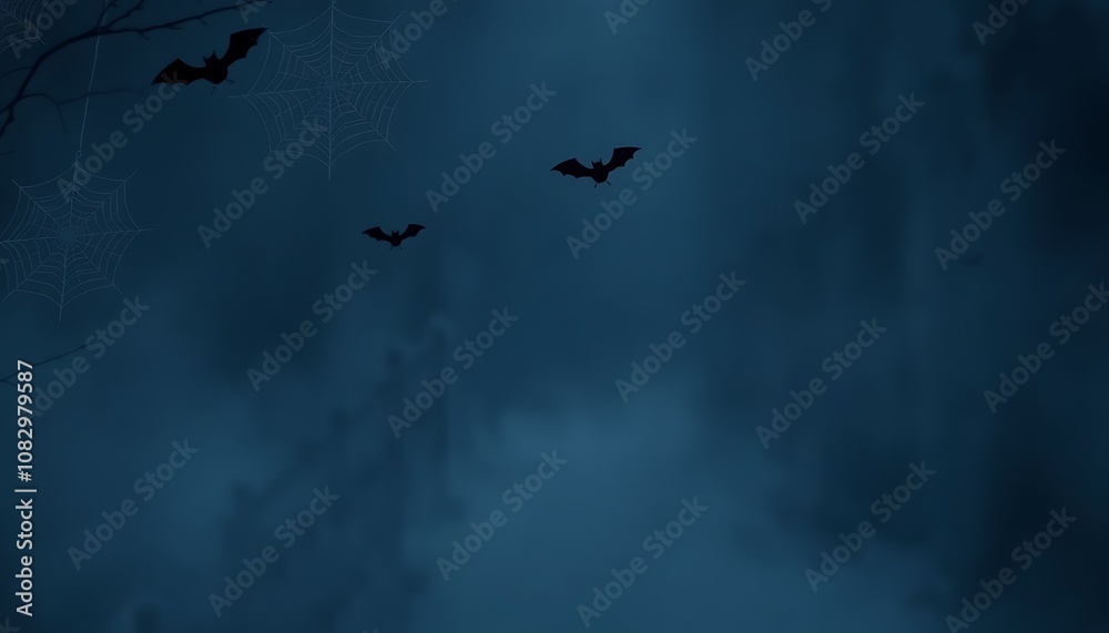Fototapeta premium A spooky yet minimalist wallpaper featuring faint spider webs and soft bats in shades of black and dark blue, with a subtle mist effect for an eerie Halloween look.