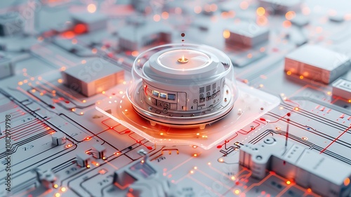 Digital blueprint of a fire safety system with a 3D-rendered smoke detector, clear wiring and zoning in a structured layout on a white background photo