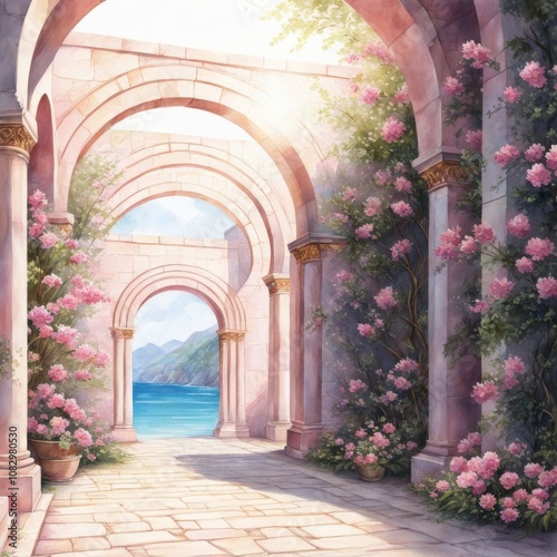 Fantasy watercolor illustration with a man walking into a light portal.