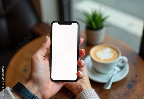 Woman hand holds phone with blank screen in cafe. Business lady using smartphone, coffee cup on table. Mockup for advertising social media, marketing, branding. Design element for app, website, photo