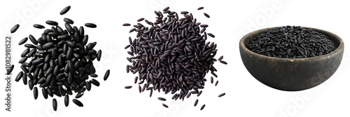 Black rice isolated on transparent background, Set of photo