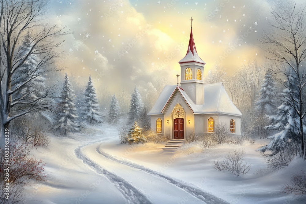 Obraz premium A realistic oil painting of a church in the snow