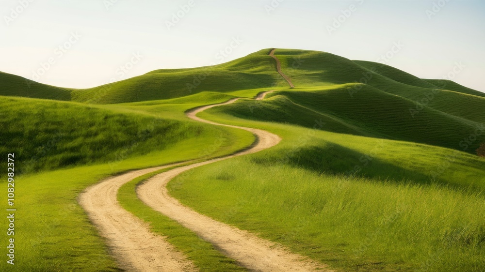 Obraz premium Winding Road Through Lush Hills: A scenic dirt road curves through rolling green hills, bathed in the soft light of a clear, sunny day. The image evokes a sense of adventure, exploration.