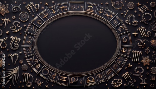 Zodiac signs in a circle with gold foil on a black background