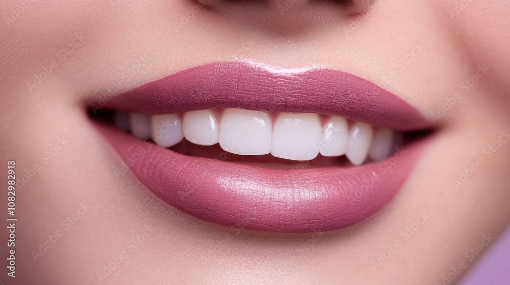 Fototapeta premium Lips permanent makeup close-up without teeth on a lilac background