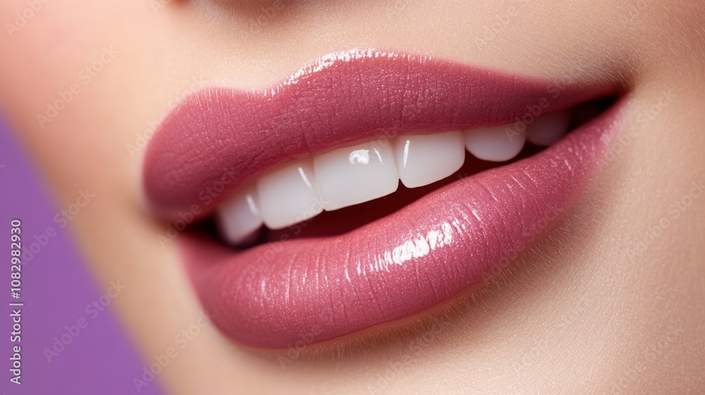 Fototapeta premium Lips permanent makeup close-up without teeth on a lilac background