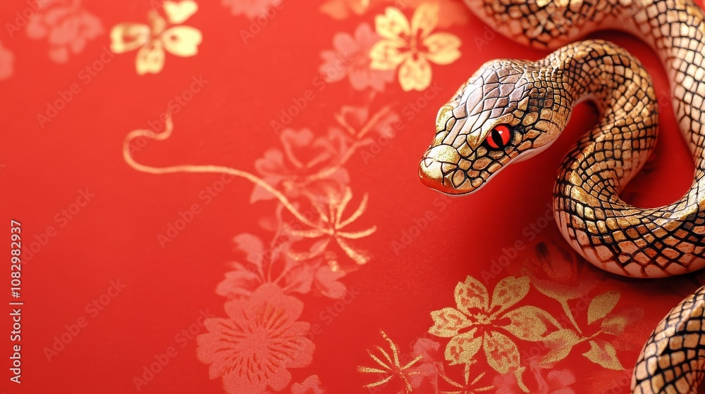 Obraz premium Japanese New Year's snake card, red background decoration. 