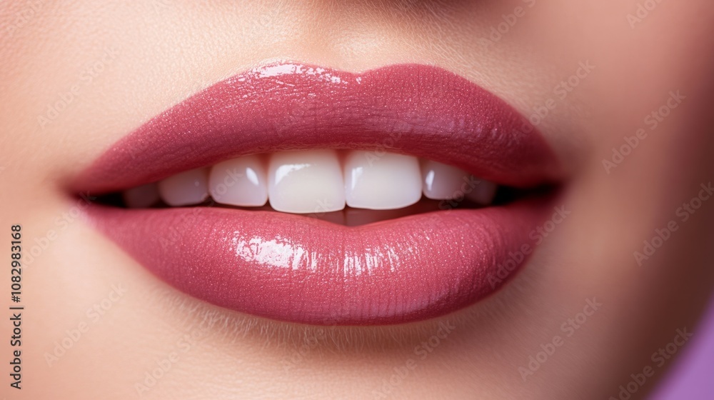 Fototapeta premium Lips permanent makeup close-up without teeth on a lilac background