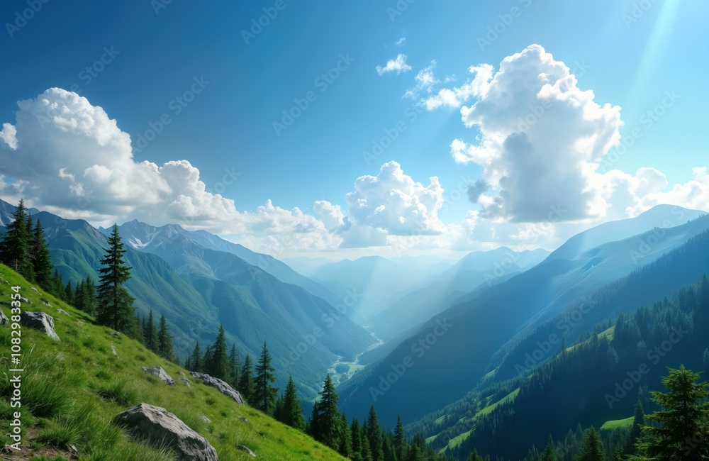 Obraz premium Mountain range landscape photo. Blue sky with white clouds. Green valley between hills. Forest and grass on slope. Summer nature scenic background for web and print.