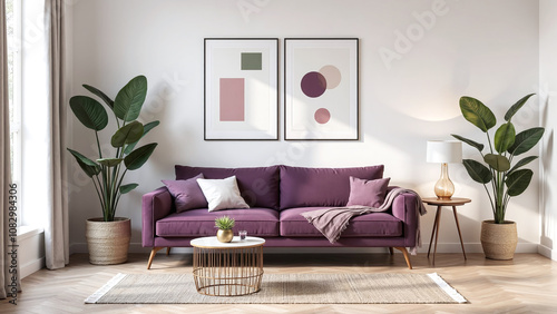  Purple Basil velvet Sofa with Modern Decor and geometric poster