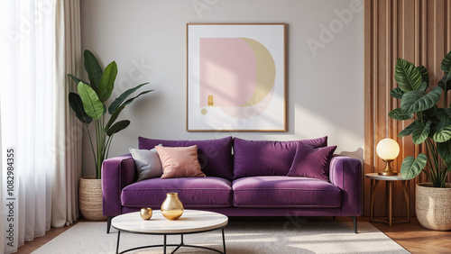  A dusty violet Purple Basil Sofa in Elegant Modern Living Room