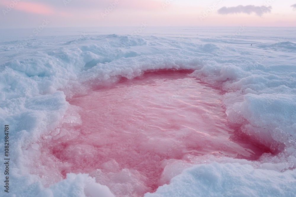 Fototapeta premium Vibrant pink frozen lake in winter landscape