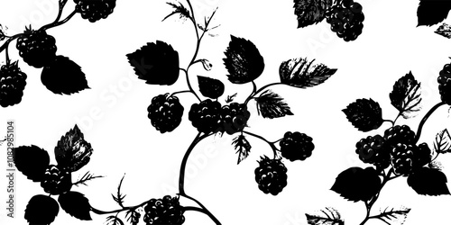 Black and white silhouette of blackberries and leaves, featuring a repeating pattern design for botanical and nature themes..
