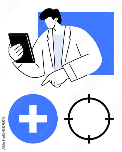 Person holding tablet, pointing at blue medical cross and black target icons. Ideal for healthcare, technology, precision, medical research, diagnostics, telehealth virtual consultations. Line