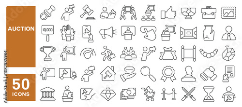 Set of 50 line icons related to auction, bid, deal, tender, sell, price, art, painting, antique, offer, Editable stroke. Vector illustration