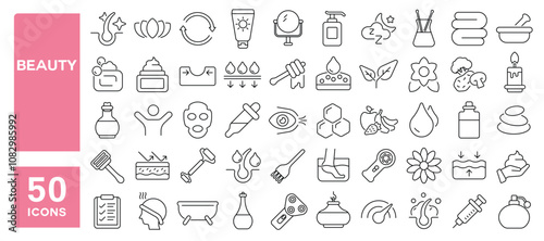 Set of 50 line icons related to beauty, relax, care, hair, skin, facial, wash, cream, oil, serum, therapy, lotion, Editable stroke. Vector illustration photo