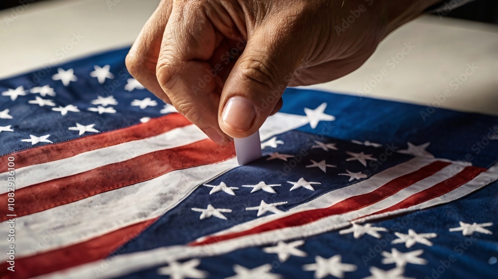 Naklejka premium Voting Scene Hand Casting Ballot Against American Flag Backdrop, Symbolizing Democracy and Civic Duty V7