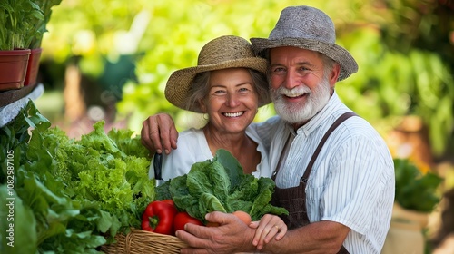 Wallpaper Mural Happy senior couple holding a basket of fresh produce in their garden. Torontodigital.ca