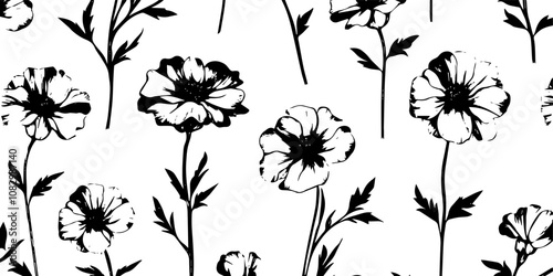 Black and white floral pattern featuring abstract flowers with stems and leaves, ideal for design or wallpaper applications..