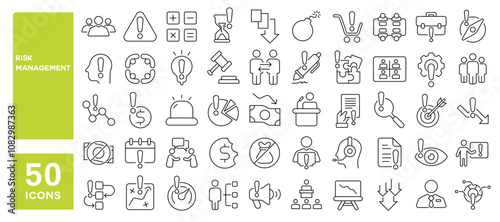 Set of 50 line icons related to risk management, analysis, risk, investment, business, experts, warning, cost, plan, rescue, protect, Editable stroke. Vector illustration