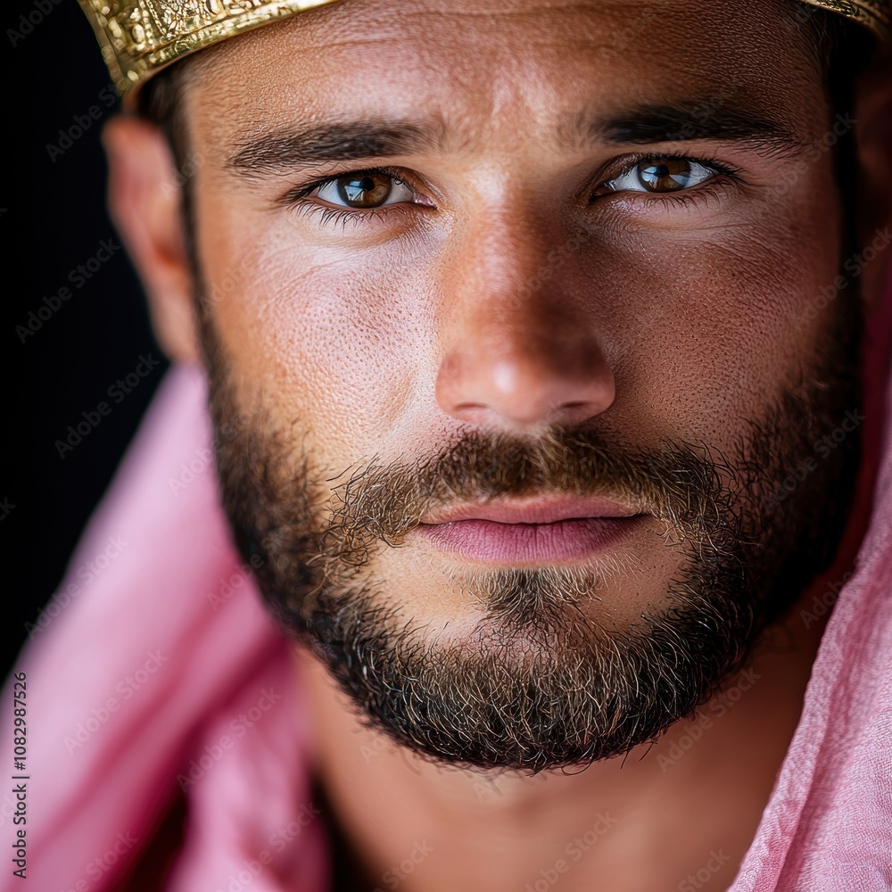 Obraz premium Intense gaze of a bearded man wearing a crown